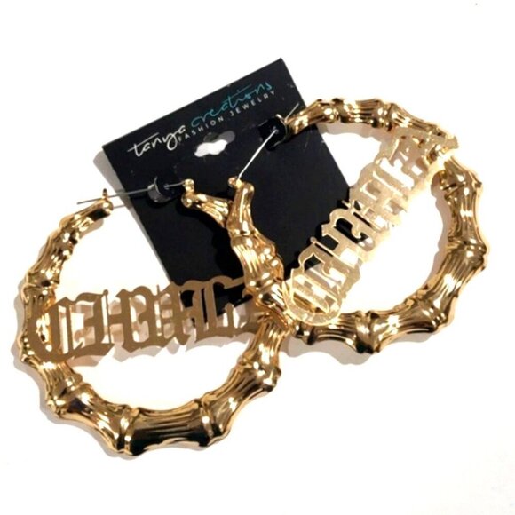 Gold-Tone Bamboo Style 3" Hoop Earrings, Hip Hop Style, Large Statement Jewelry - Picture 1 of 6